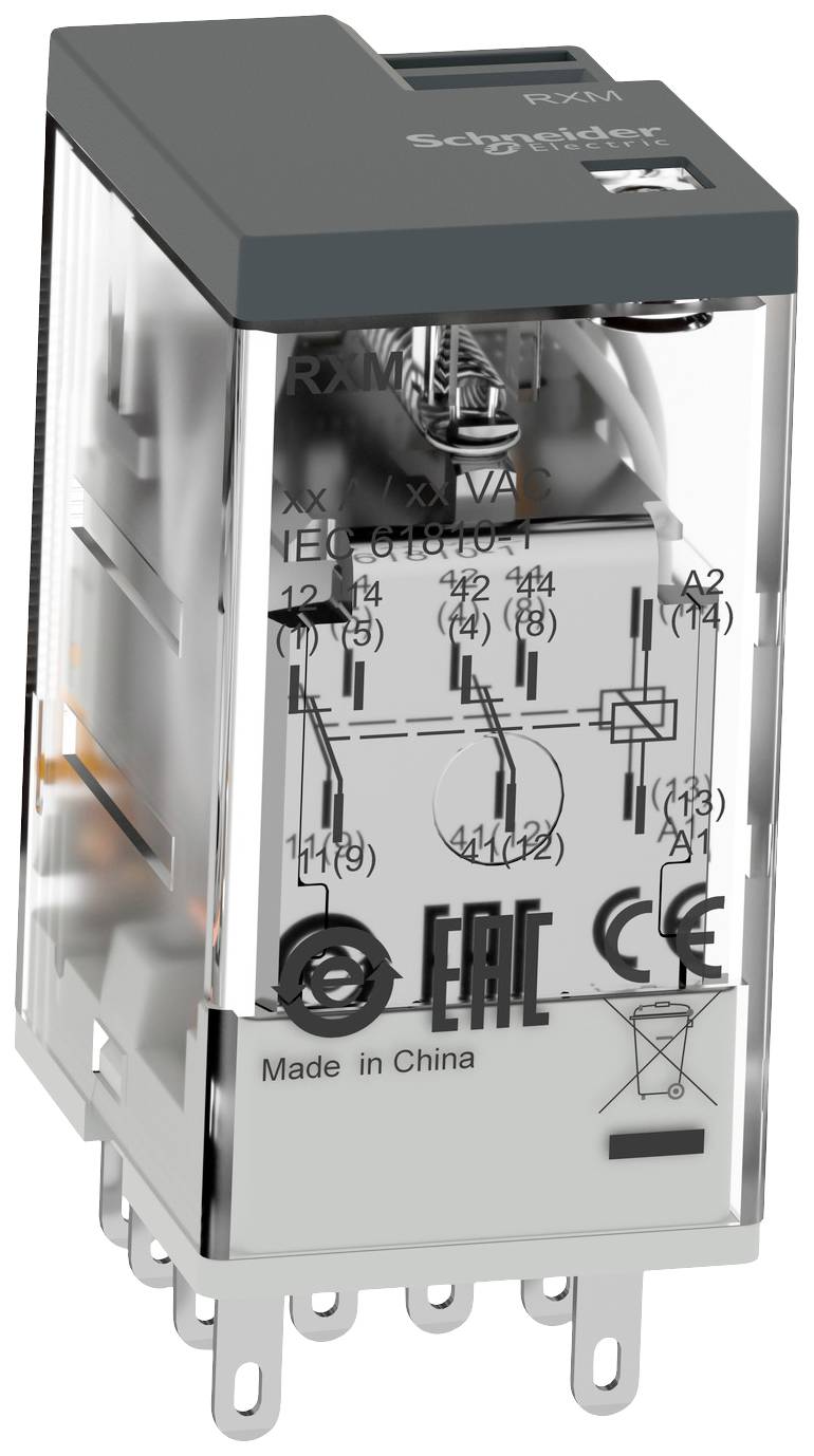 A rectangular, transparent electrical relay from Schneider Electric with internal circuits and symbols. Manufactured in China.