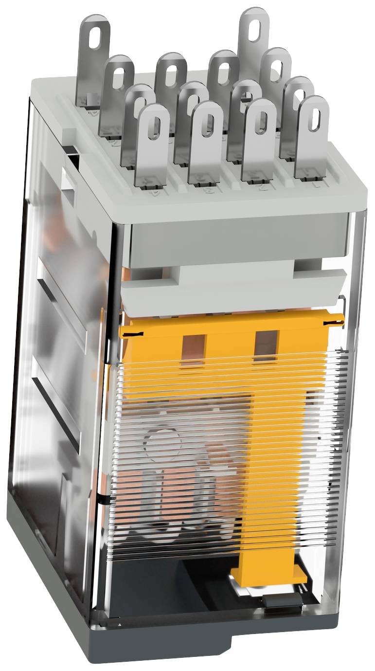 A transparent relay box with multiple metallic connection pins on top. Inside, orange-coloured wires and contacts are visible.