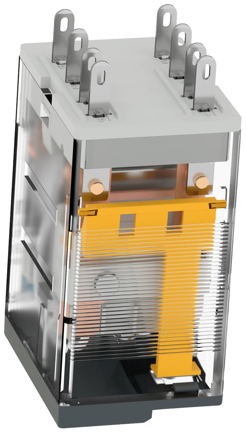 A transparent electrical component with six pin connections on top. Copper coils and orange elements are visible inside.