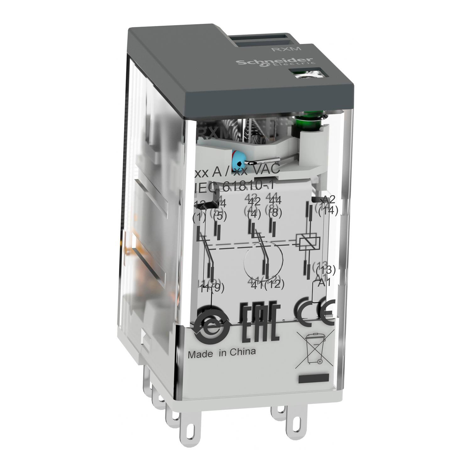'Transparent industrial switch by Schneider Electric, white with grey head, showing internal switching contacts, CE and EAC certificates.'