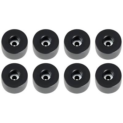 Eight black rubber wheels in two rows; used as table buffers or furniture castors. Each wheel has a central bore.