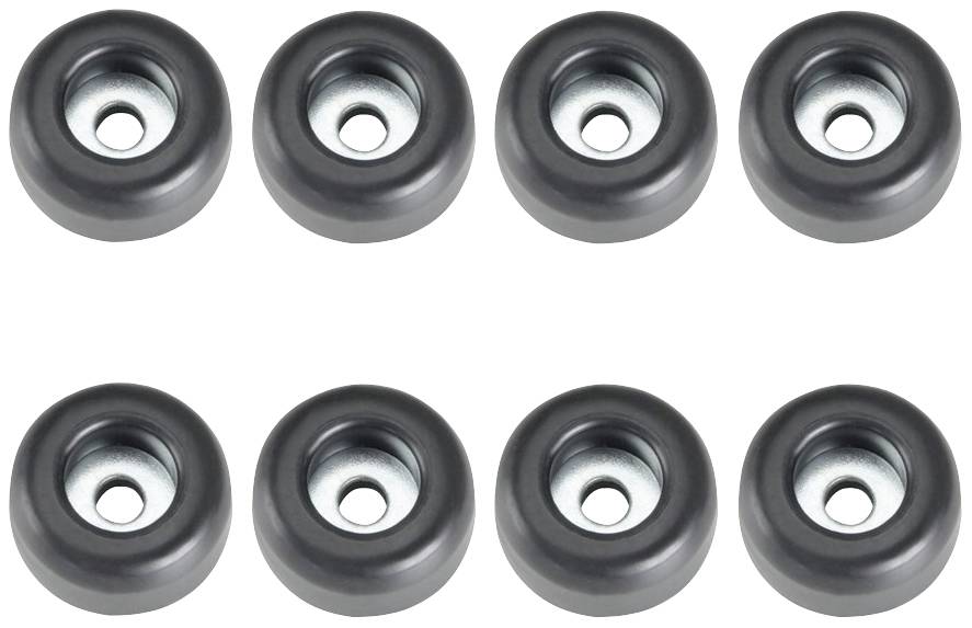 Eight black plastic castors on a white background, symmetrically arranged in two rows.