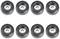 Eight black plastic castors on a white background, symmetrically arranged in two rows.