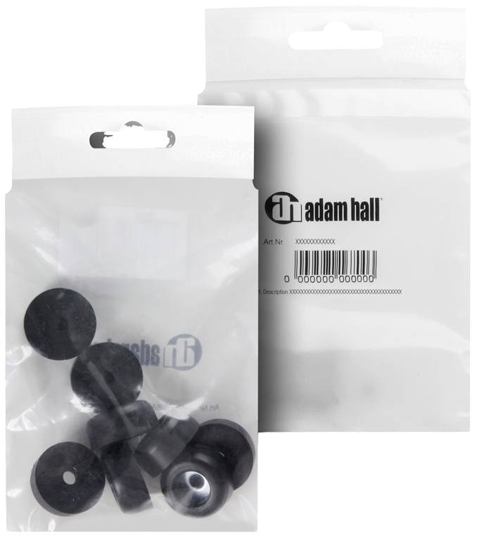 Two transparent packaging units with black rubber feet inside, printed with a logo and a barcode.