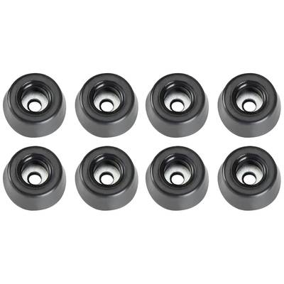 Eight round, black rubber feet with a hollow centre, evenly arranged in two rows.