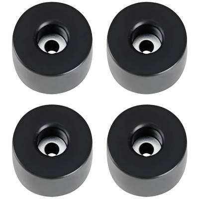 Four black skateboard wheels on a white background, each with a central metal opening.