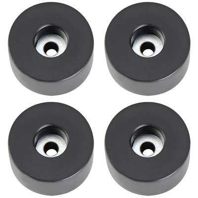 Four black round rubber feet with metal cores. They are evenly arranged and are suitable for shock absorption or protection.