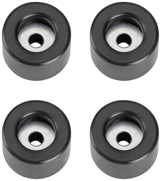 Four black rubber castors with silver centres, arranged in a square formation. Suitable for use on furniture or equipment.