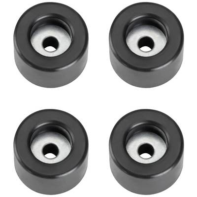 Four black rubber castors with silver centres, arranged in a square formation. Suitable for use on furniture or equipment.