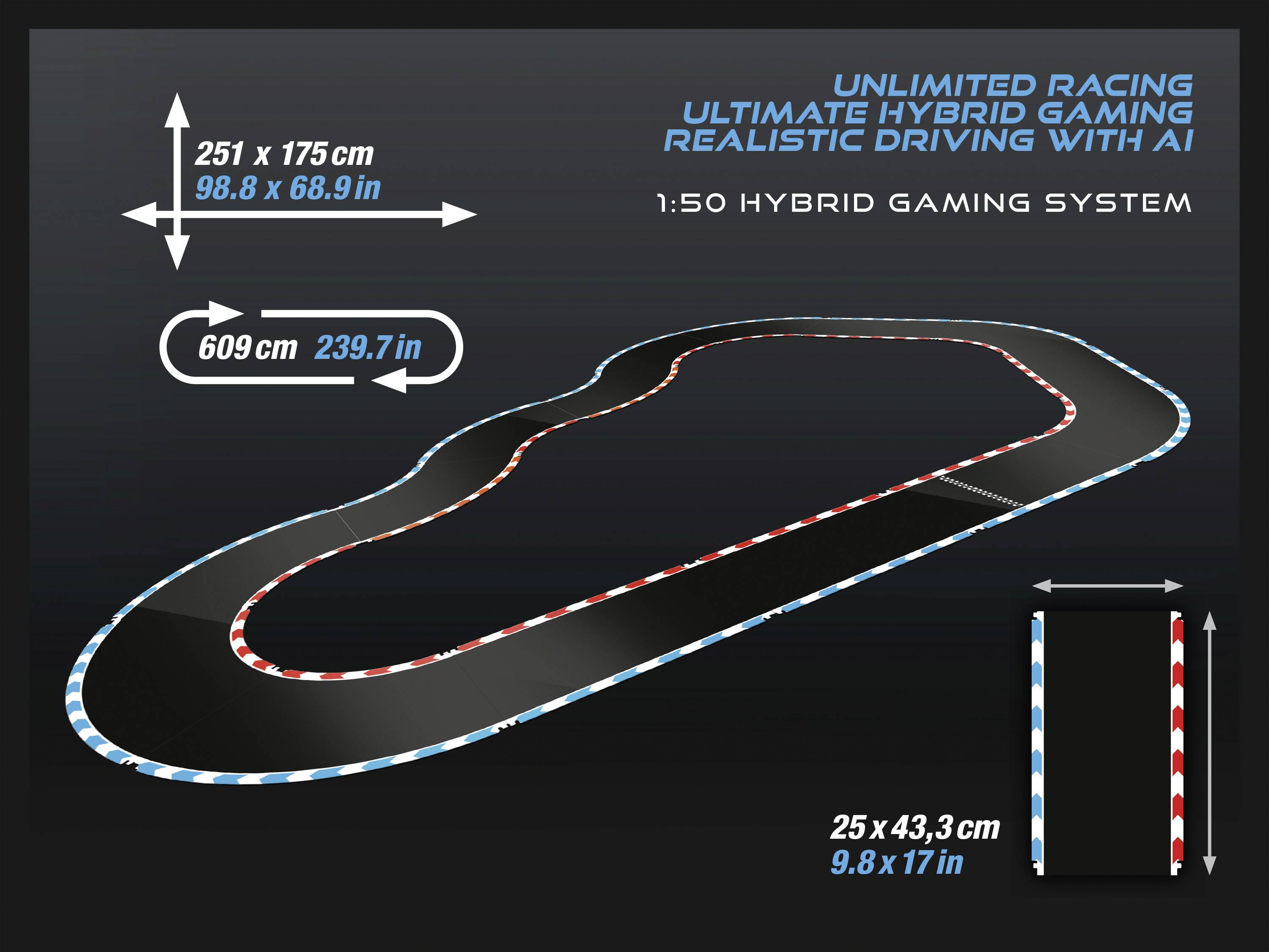 Race Track Diagram with two dimensions: 251 x 175 cm and 609 cm in length. Text: 'Ultimate Hybrid Gaming' and 'Realistic Driving with AI'.