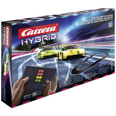 'Carrera Hybrid' toy packaging displays a slot car racing track with two cars, a control unit, and highlighted app functionality for hybrid play.