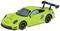 Bright green sports car model with a prominent rear wing and aerodynamic design, side view.