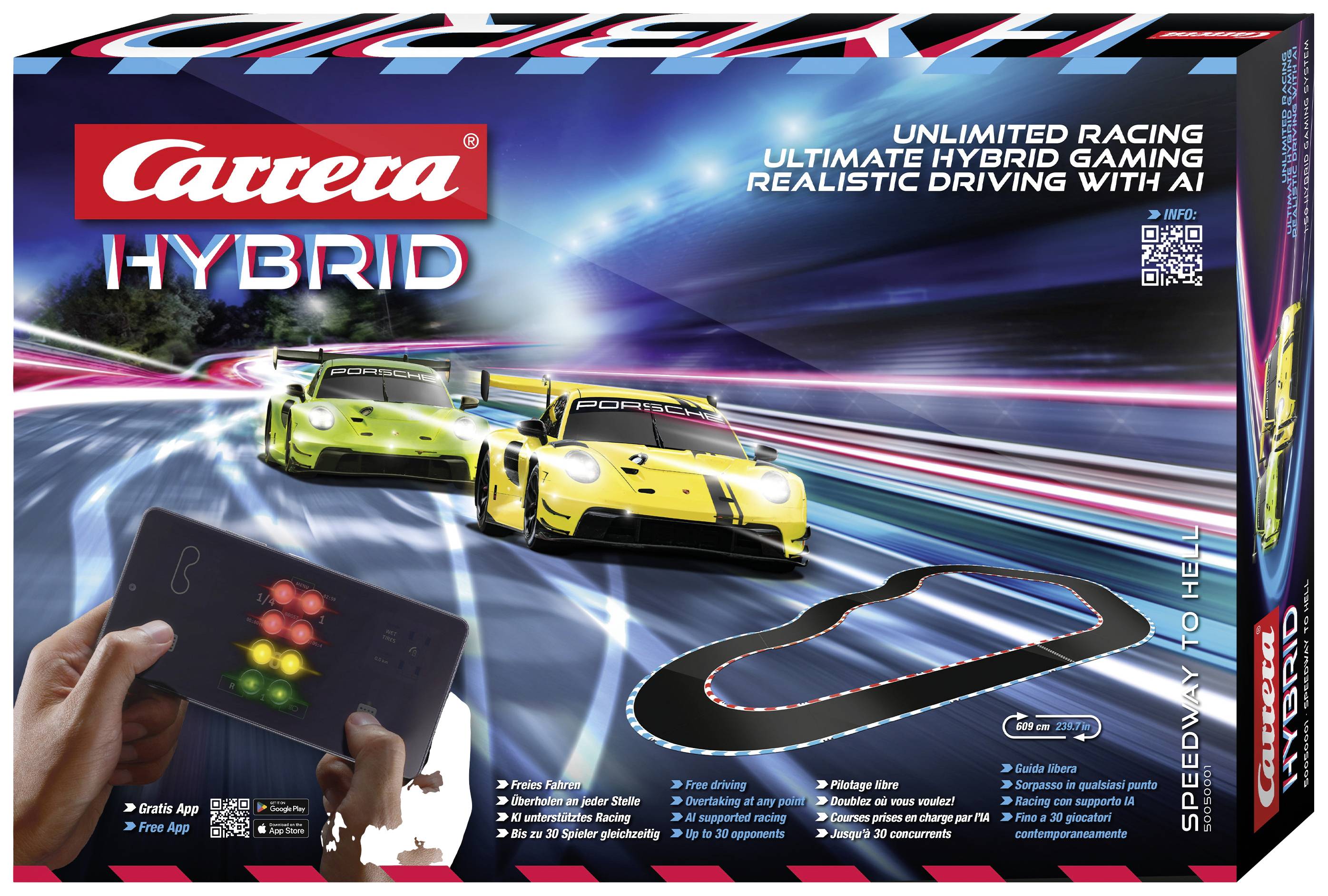 Two racing cars are driving on an electric slot car track. A screen displays control options. The text emphasises hybrid technology.