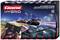 Toy Racing Track 'Carrera Hybrid' with Mobile Phone Control. Shows a virtual race track with three toy cars driving through an illuminated city.