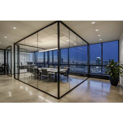 Meeting room with glass walls, a modern table and chairs. Large windows reveal a nighttime city view.