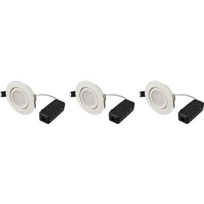 Round white LED recessed lights with a black transformer. Three lights arranged side by side.
