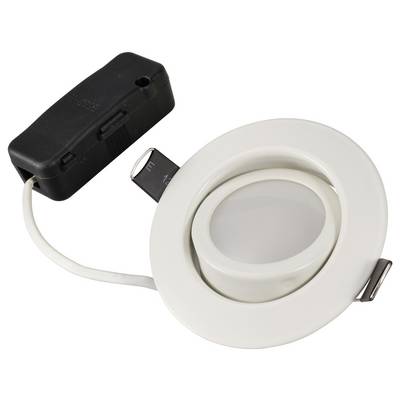 Recessed spotlight with a circular white frame and black transformer. Suitable for ceiling installation in living spaces.