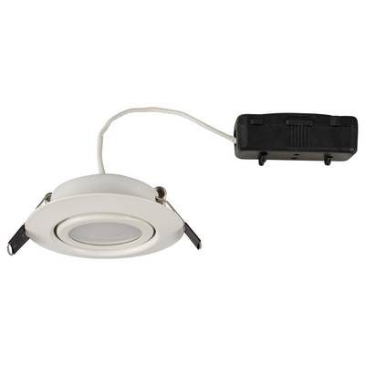 Round LED recessed ceiling spotlight in a white mounting, connected to a black transformer, suitable for interior lighting.