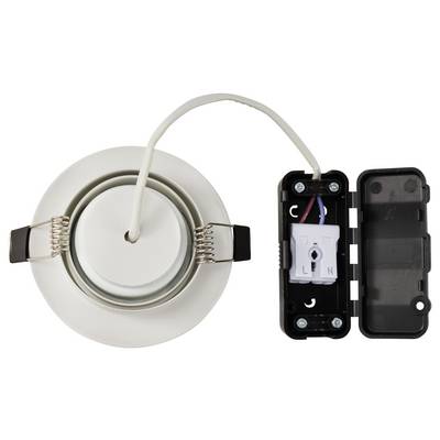 Recessed spotlight with cable and junction box, open. Electrical sockets and connections are visible.