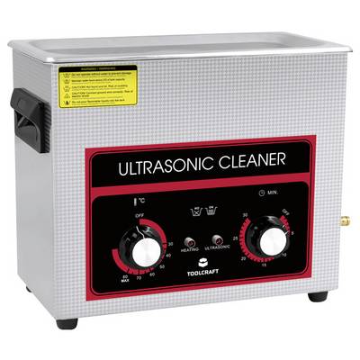 'Ultrasonic cleaner with temperature and time settings, side handles, and warning label on top. Suitable for cleaning applications.'