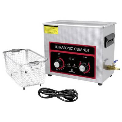 Ultrasonic cleaner with control panel, temperature and time settings, alongside a wire basket and power cable.