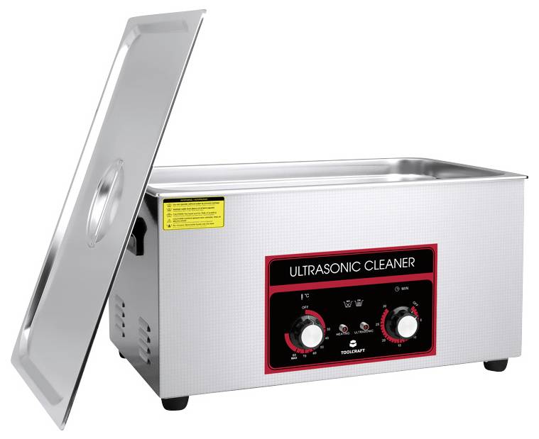 Industrial stainless steel ultrasonic cleaner with a removable lid and two control buttons on the front panel.