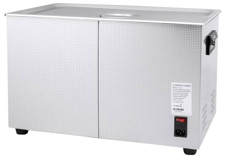Stainless steel ultrasonic cleaner with lid and front-mounted switch. Suitable for cleaning tools and laboratory equipment.