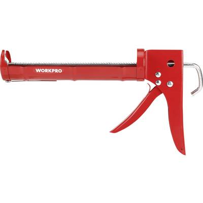 Red silicone gun with handle and metal bracket, brand name 'WORKPRO' visible. Tool for applying sealants.