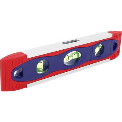 Spirit level with red end caps and blue centre, three vials for aligning objects.