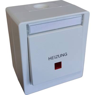 Grey electric wall-mounted device with the inscription 'HEATING' and a small red switch underneath.
