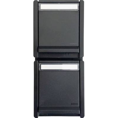 Two closed black letterboxes, one above the other, with transparent name plates on top.