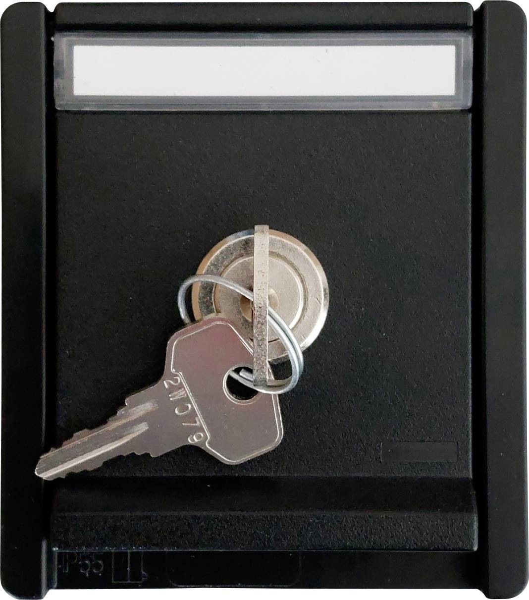 A black padlock with a key inserted, attached to a small metal ring.