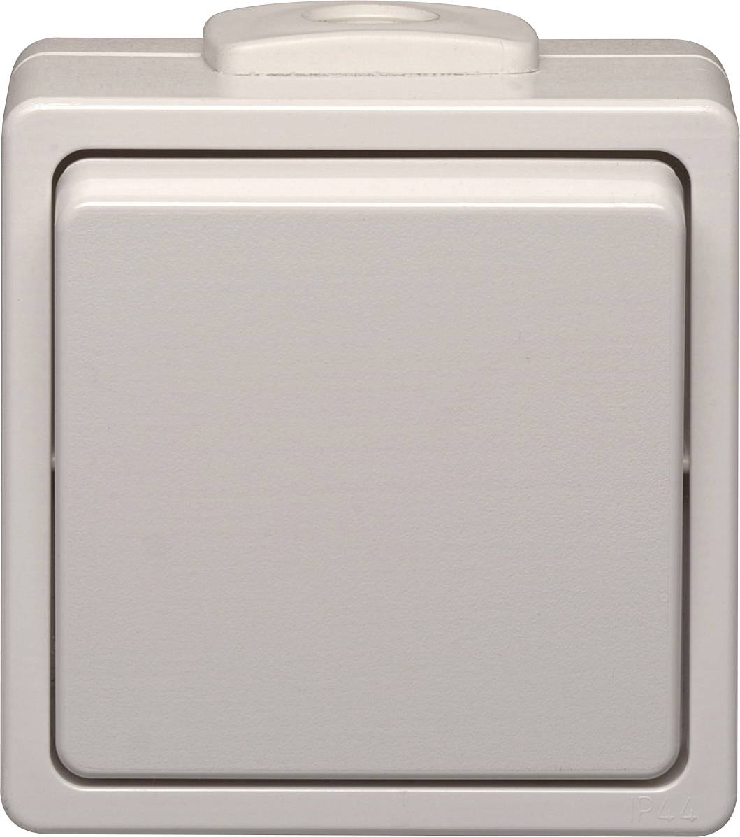 A grey, square light switch in the centre of a rectangular housing, suitable for indoor applications.