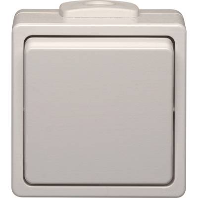 A grey, square light switch in the centre of a rectangular housing, suitable for indoor applications.