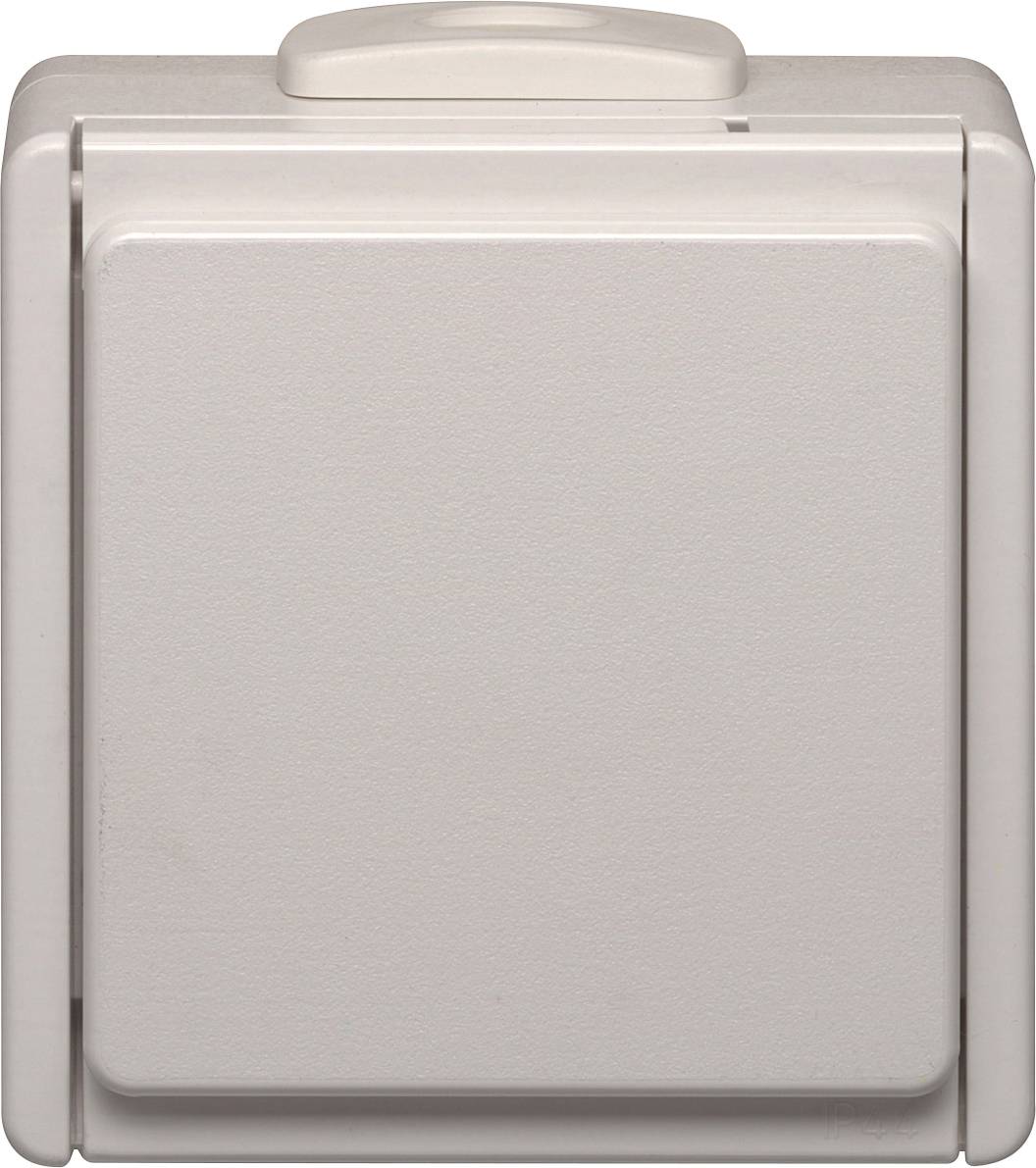 White, square socket with cover in closed position.