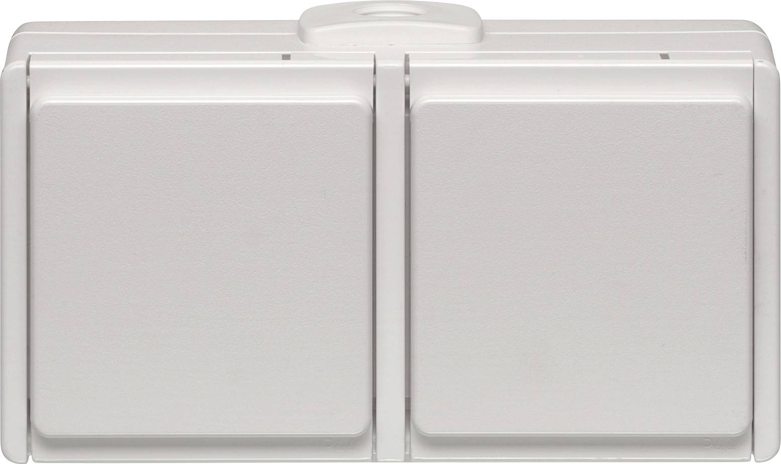 Double light switch with neutral design, closed. Ideal for controlling two light sources simultaneously in indoor spaces.