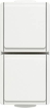 A double light switch in a white plastic casing, mounted on a wall. Ideal for controlling two light sources.