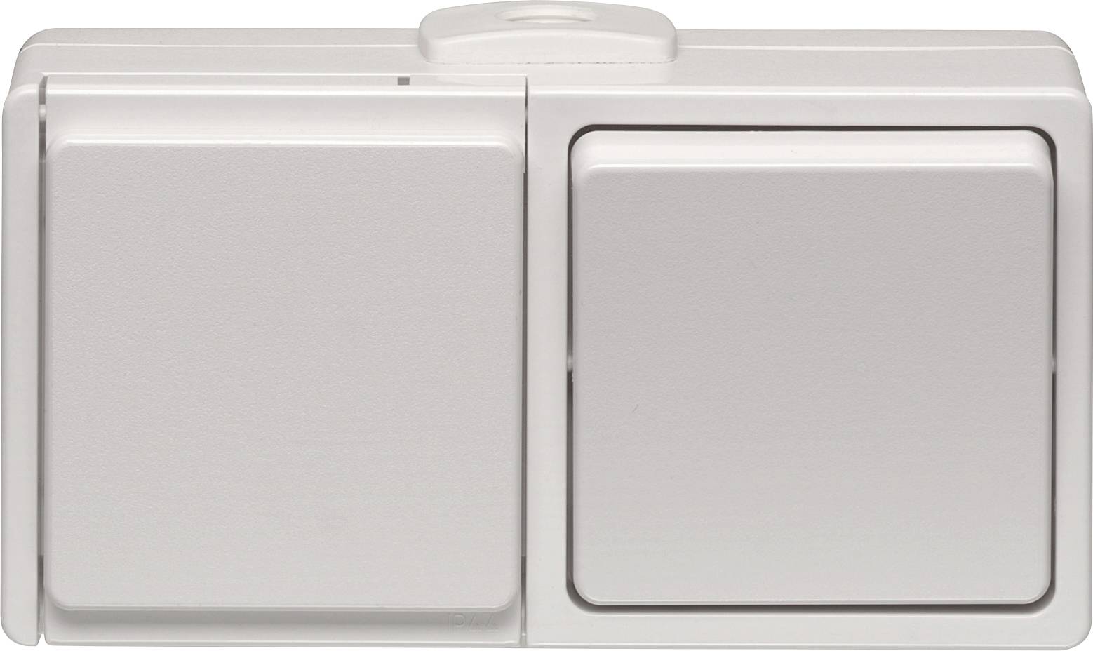 Double switch mounted on the wall, white housing, without visible labels or markings.