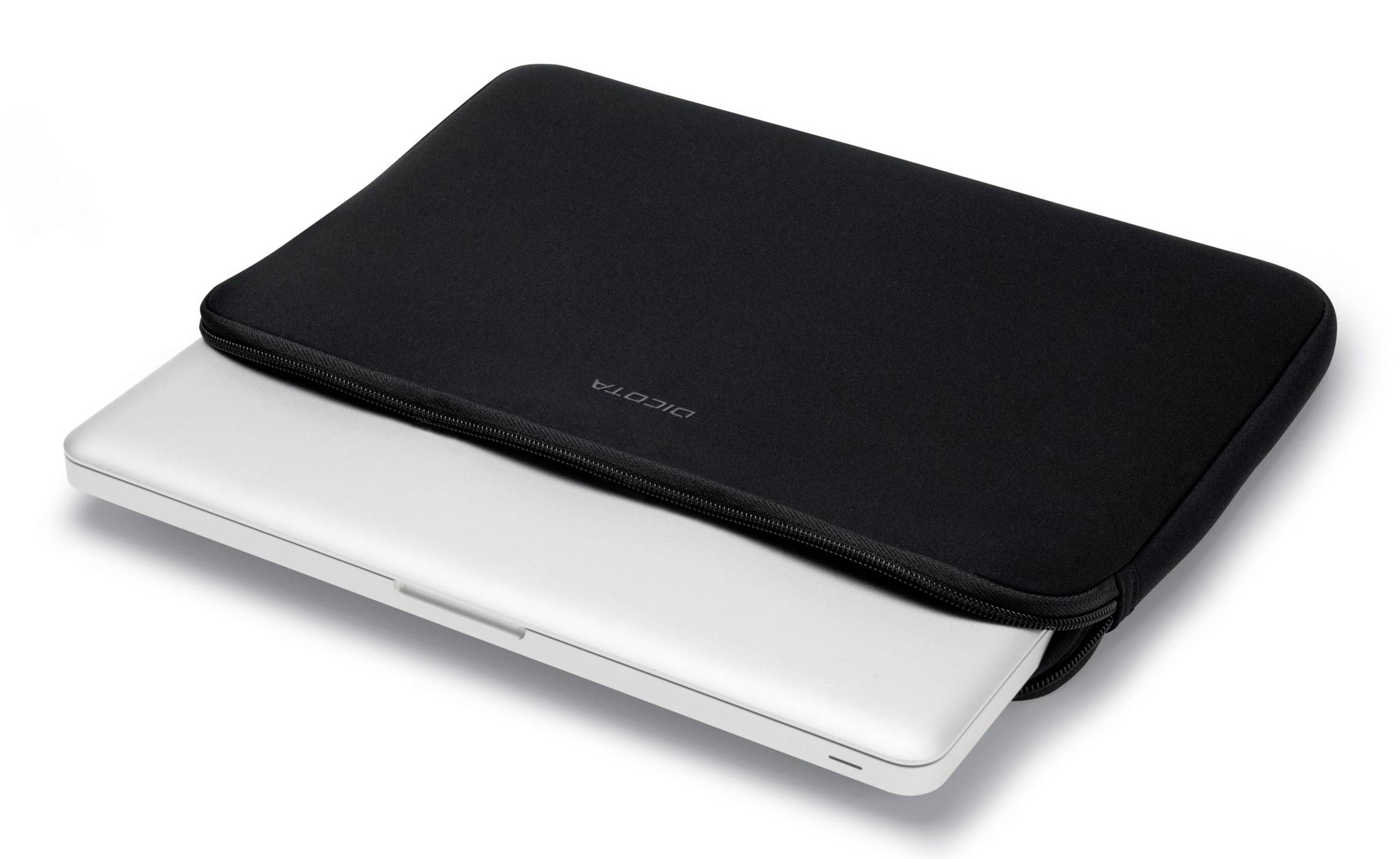 A silver laptop, half-stored in a black protective case. The case is open, with the zip visible.