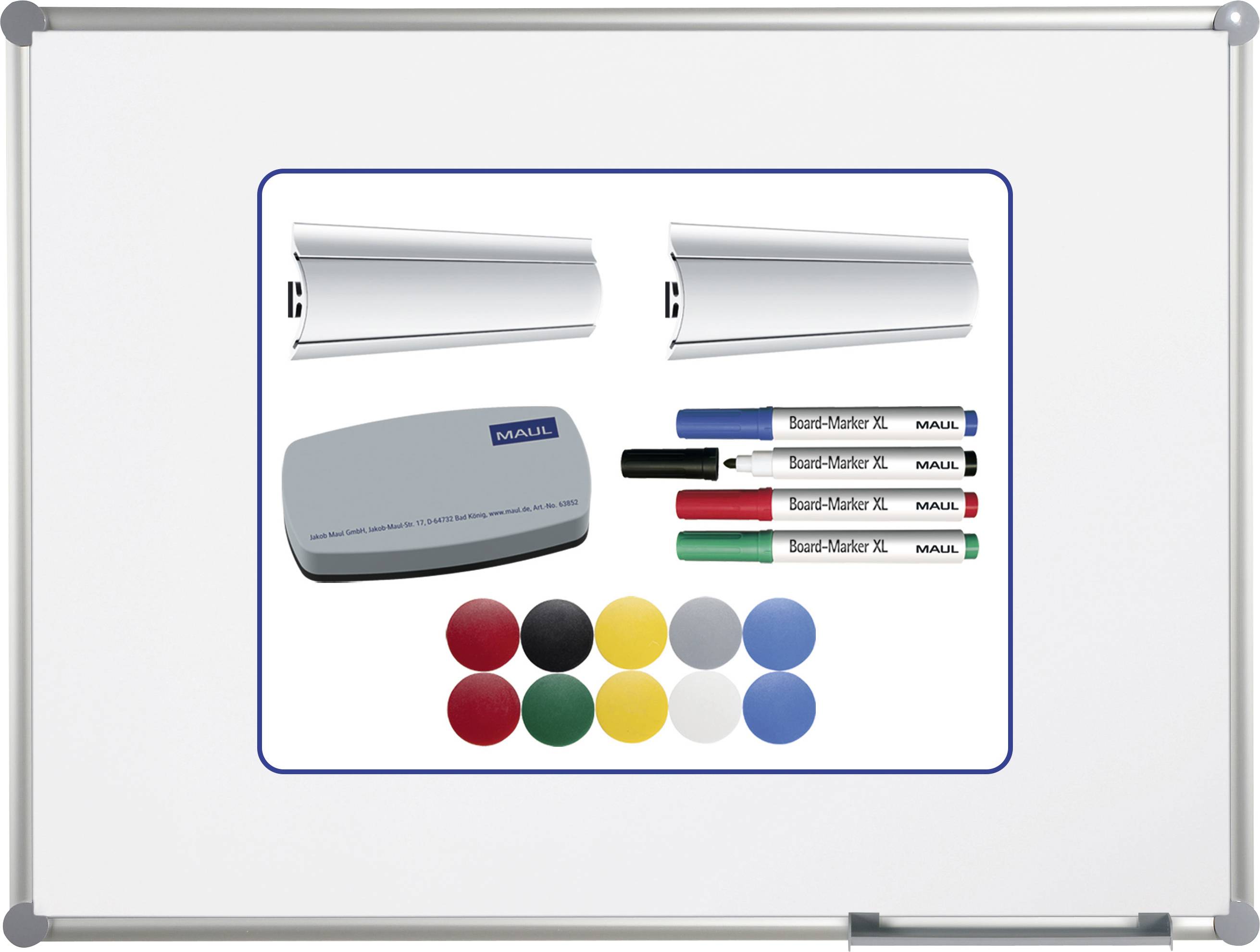 Whiteboard with storage tray, eraser, four magnets and four coloured markers. Ideal for presentations and notes.