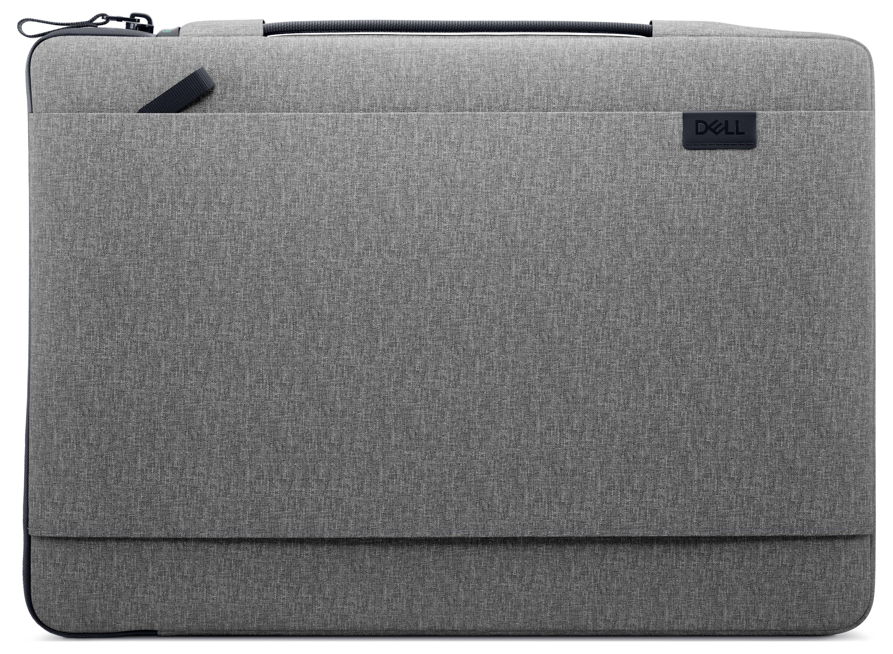Grey laptop bag with Dell logo in the top right corner, zip at the top, minimalist design.
