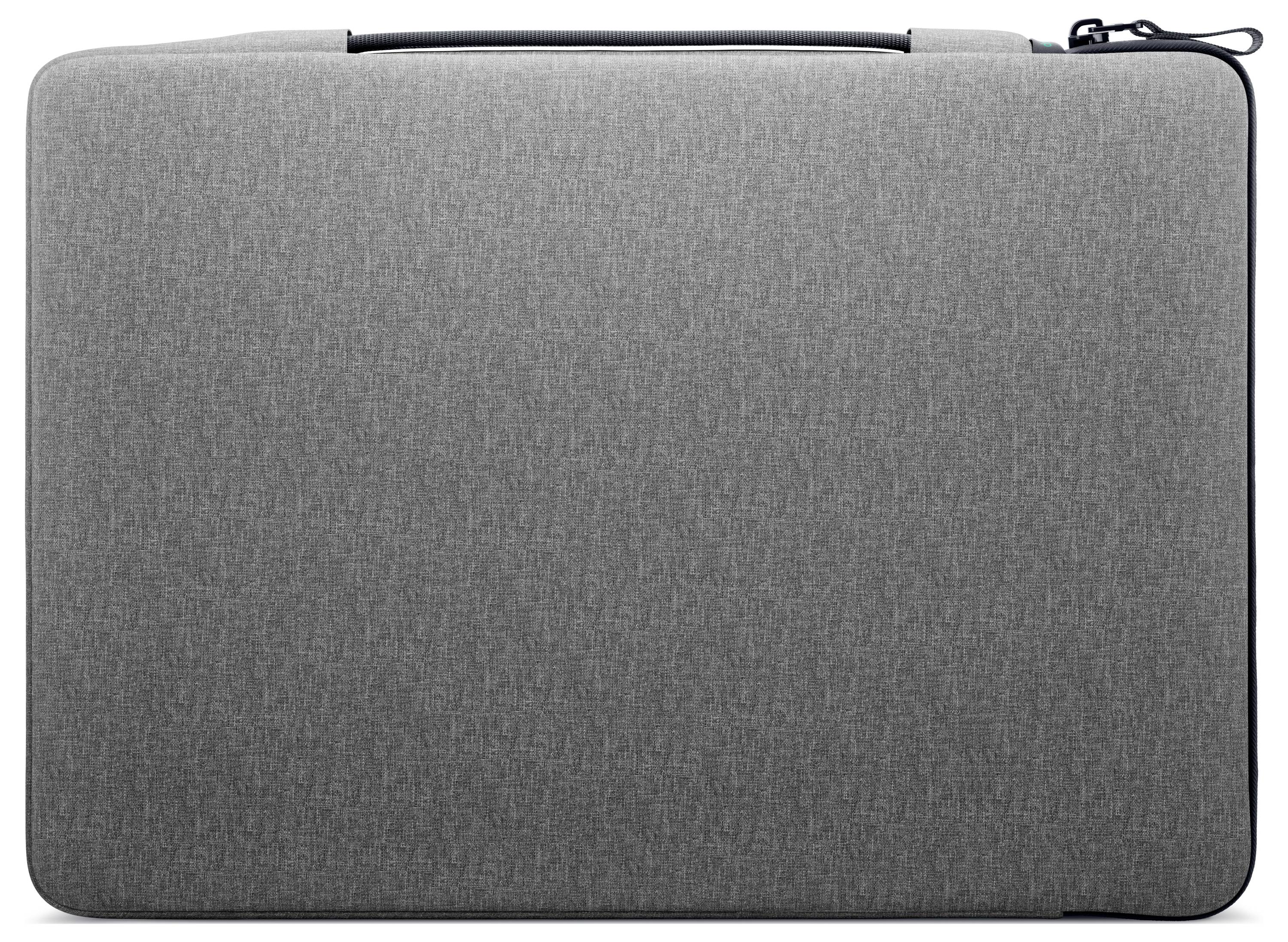 Grey laptop sleeve with texture. Simple, rectangular shape with a zip at the top, designed for protecting and transporting a laptop.