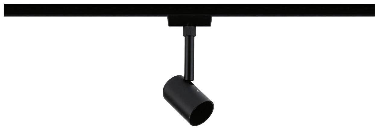 A black ceiling spotlight with a cylindrical lamp head is suspended from a straight rail, emphasising modern, minimalist design.