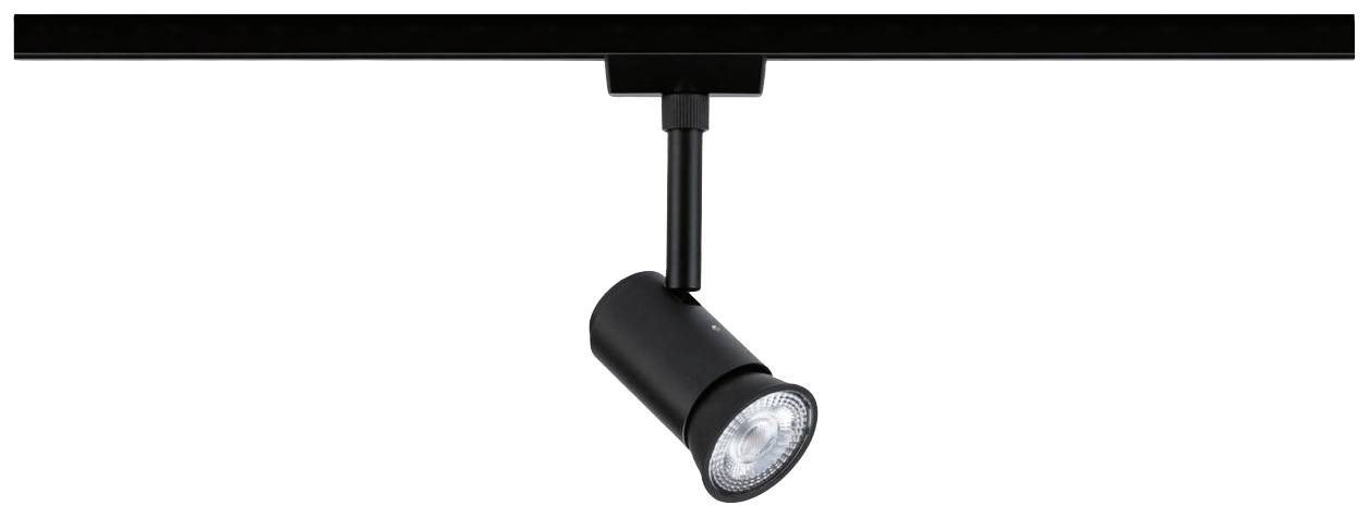 Single black ceiling spotlight, mounted on a track, pointing downwards. Ideal for flexible room lighting.