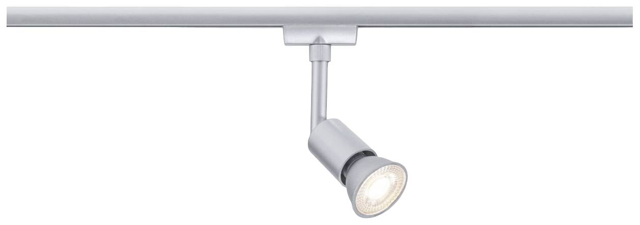 Silver track light with an adjustable lamp head angled downwards. Ideal for targeted lighting.
