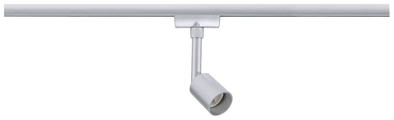 Spotlight on a track, silver-coloured, cylindrical, angled downwards. Perfect for directional lighting.