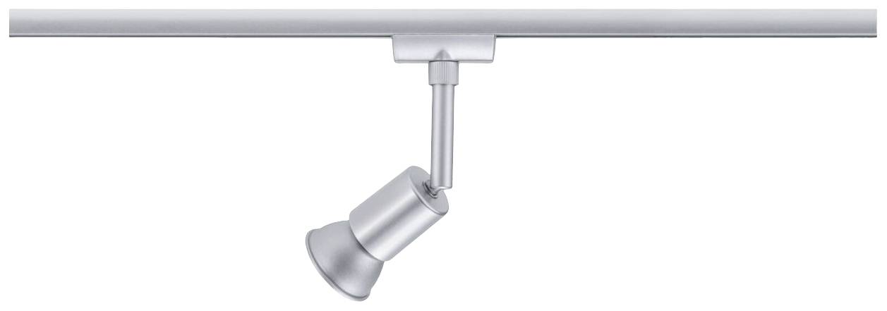 A silver spotlight is attached to a track. It can be tilted to direct light in different directions.