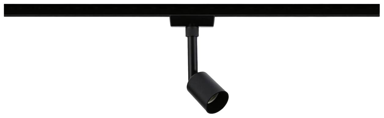 Black track lighting system with an adjustable spotlight for directional illumination.