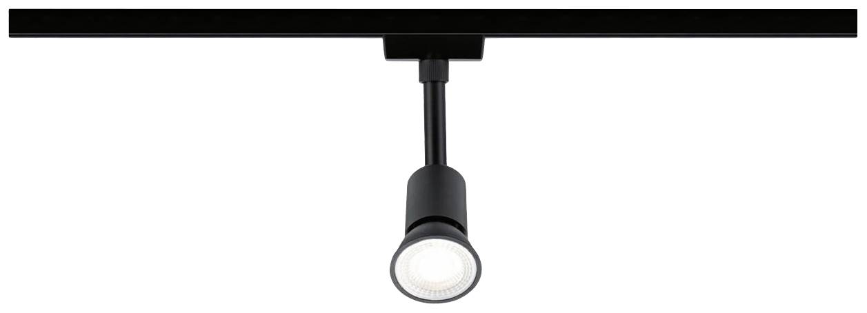 A black ceiling spotlight with a cylindrical housing and a single light point, mounted on a track, focuses light downwards.