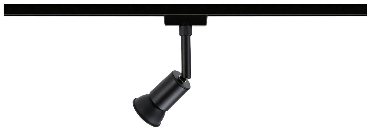 Black ceiling spotlight with adjustable beam mounted on a track. Suitable for targeted illumination of interior spaces.
